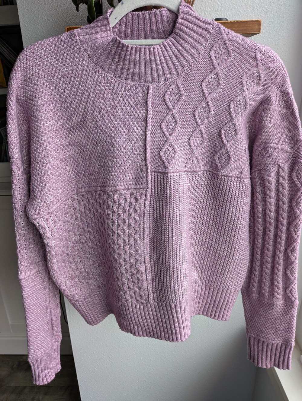 Hippie Rose Patchwork Cable Knit Mock Neck Sweater Purple Small EUC